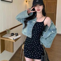 甜美黑碎花吊帶洋裝短裙/長裙(大碼L-4XL)