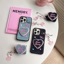 牛仔布刺繡愛心毛絨邊手機殼IPHONE11/12/13/14/15