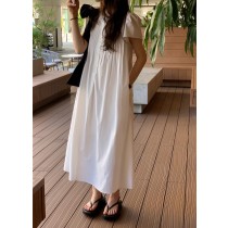 溫柔壓褶圓領小排扣短袖連身裙3色