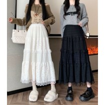 蕾絲蛋糕澎澎拼接甜美白色半身裙長裙2色S-XL