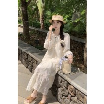 杏色蕾絲重工刺繡長袖溫柔連身裙長裙