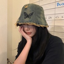 復古蝴蝶刺繡牛仔水洗漁夫帽帽子