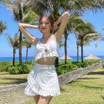 甜美度假裙式三件式白色泳衣泳裝