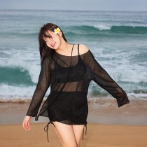 簡約長袖罩衫大碼三件式泳衣泳裝2色(L-5XL)