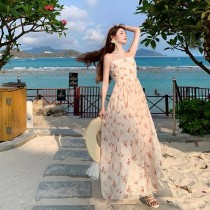 甜美緹花吊帶碎花收腰連身裙洋裝
