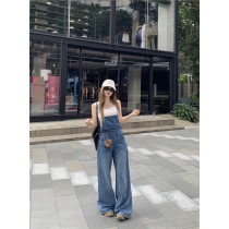 設計感復古水洗吊帶牛仔褲闊腿褲長褲褲子