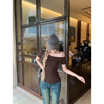 辣妹設計感斜肩露肩短袖T恤上衣6色