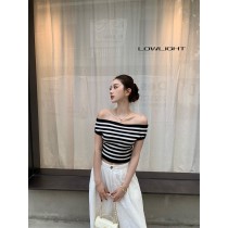 辣妹風高級感條紋短袖一字領顯瘦露肩上衣