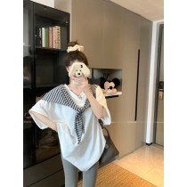 氣質套裝簡約寬鬆短袖T恤百搭條紋披肩(上衣/披肩/二件套)