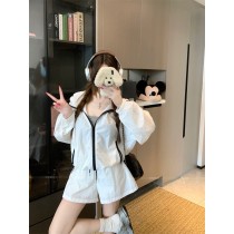 休閒套裝復古撞色連帽防曬外套顯瘦短褲二件套3色