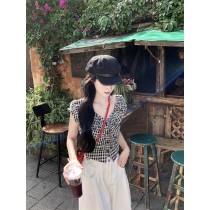 復古黑白格子V領顯瘦設計感短版無袖上衣