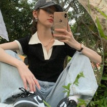 韓系拼接撞色polo領簡約短版上衣2色